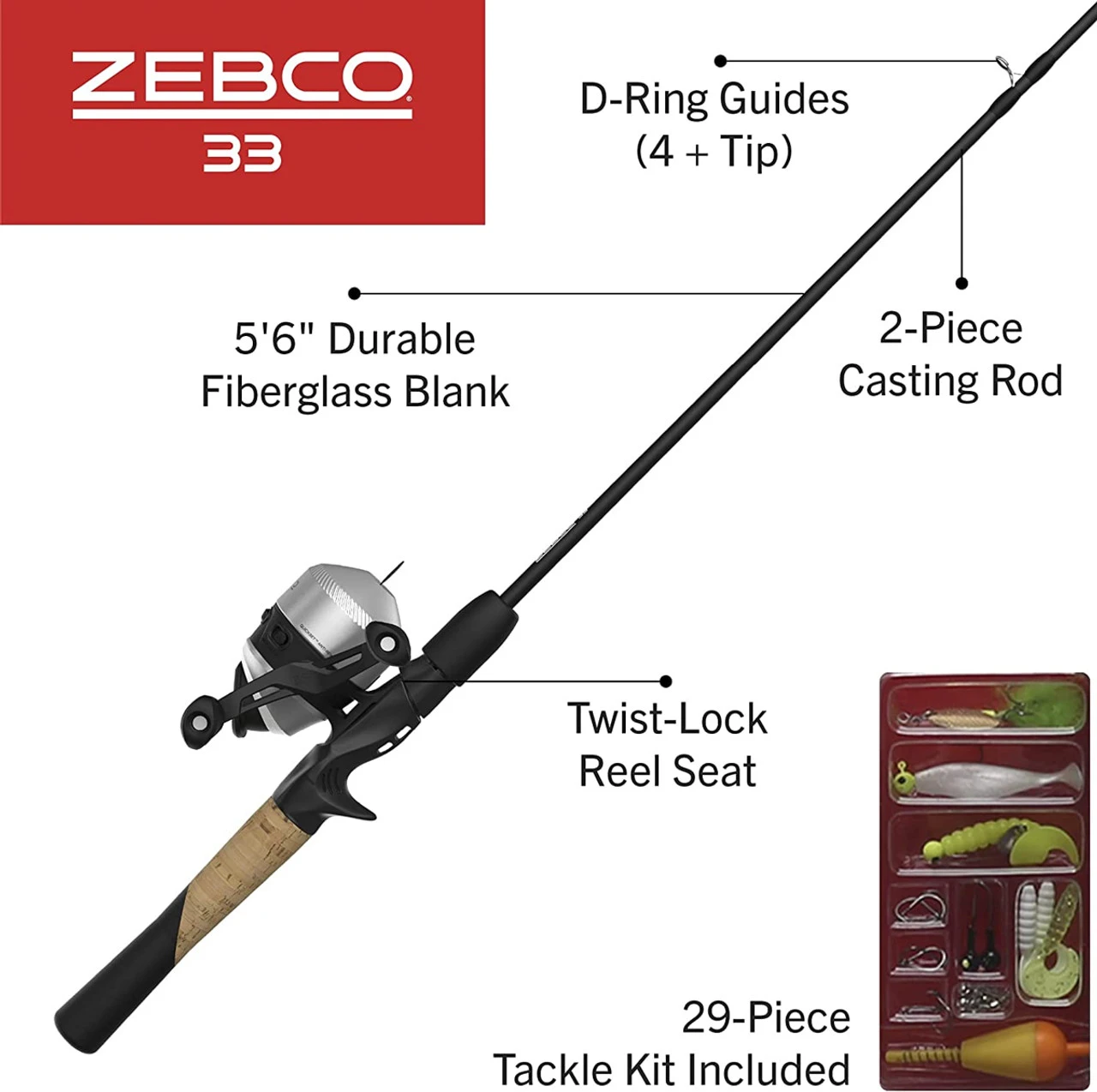 Zebco 33 5 Ft. 6 In. Z-Glass Fishing Rod & Spincast Reel With Tackle Wallet 4 Zebco 33 5 Ft. 6 In. Z-Glass Fishing Rod & Spincast Reel With Tackle Wallet - Image 2